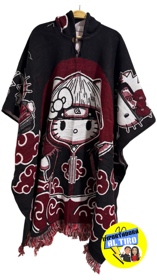 Hello Kitty vestido con la capa de Akatsuki de Naruto
